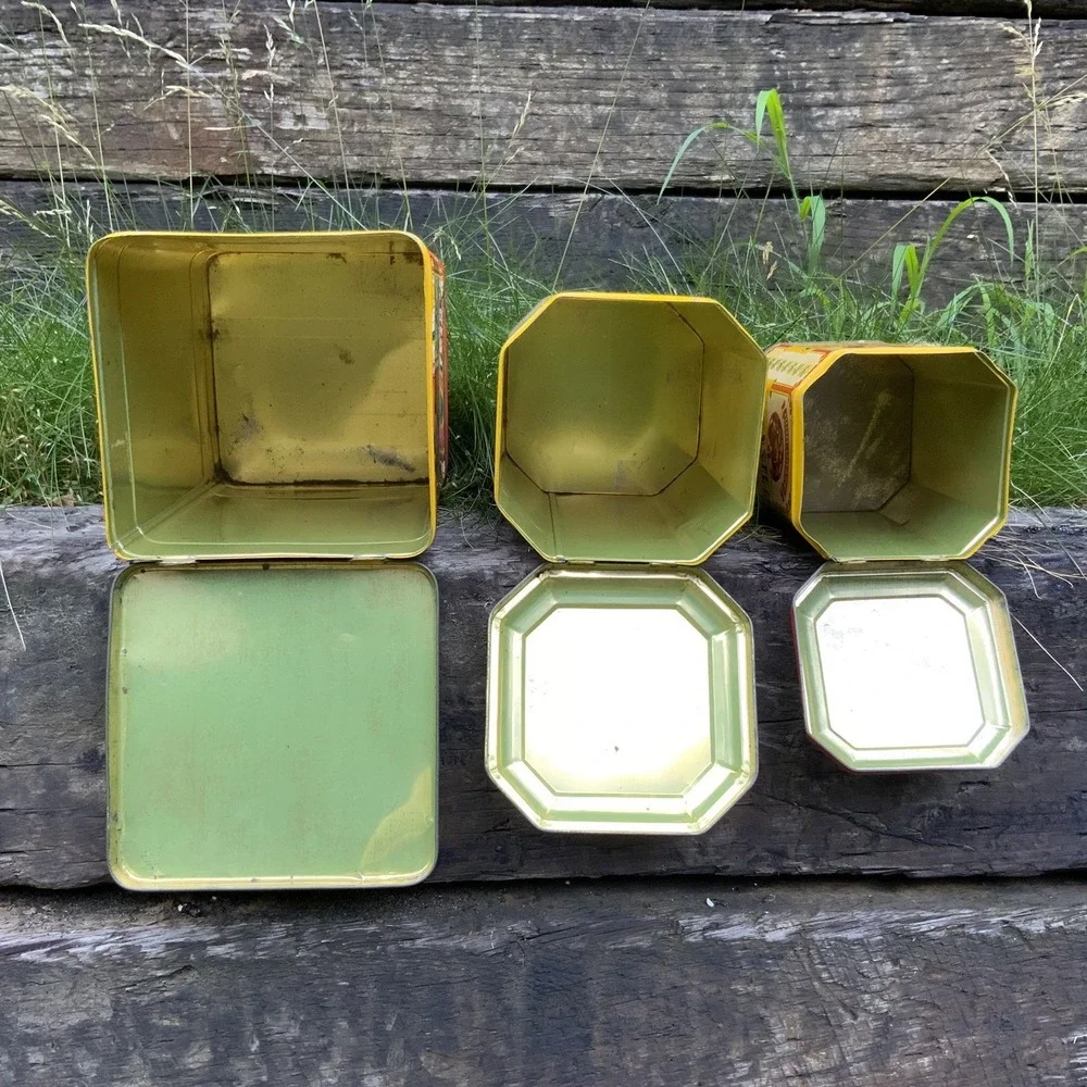 Tin Canister Trio Carmichaels Chips Hague's Pretzels Radfords Nuts England Retro